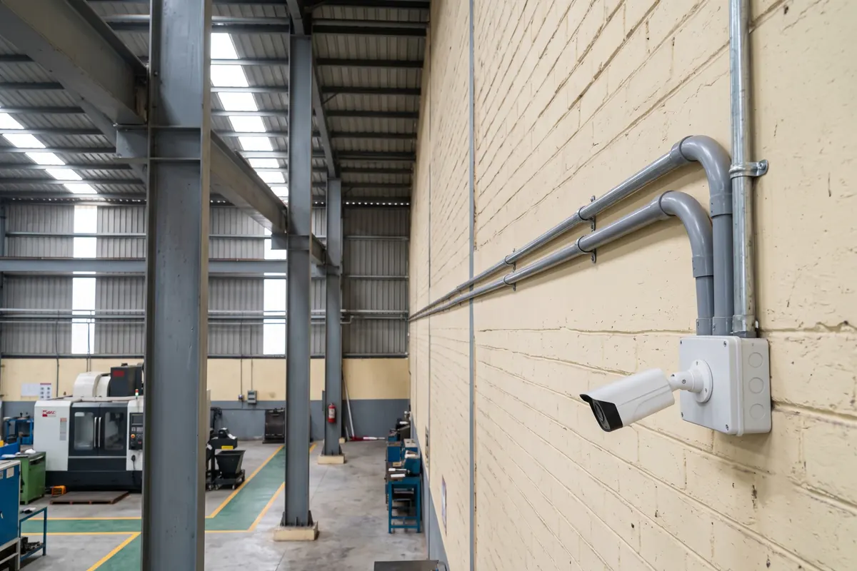 PVC and GI conduit runs clamped along a factory wall, ending at a bullet camera on a junction box