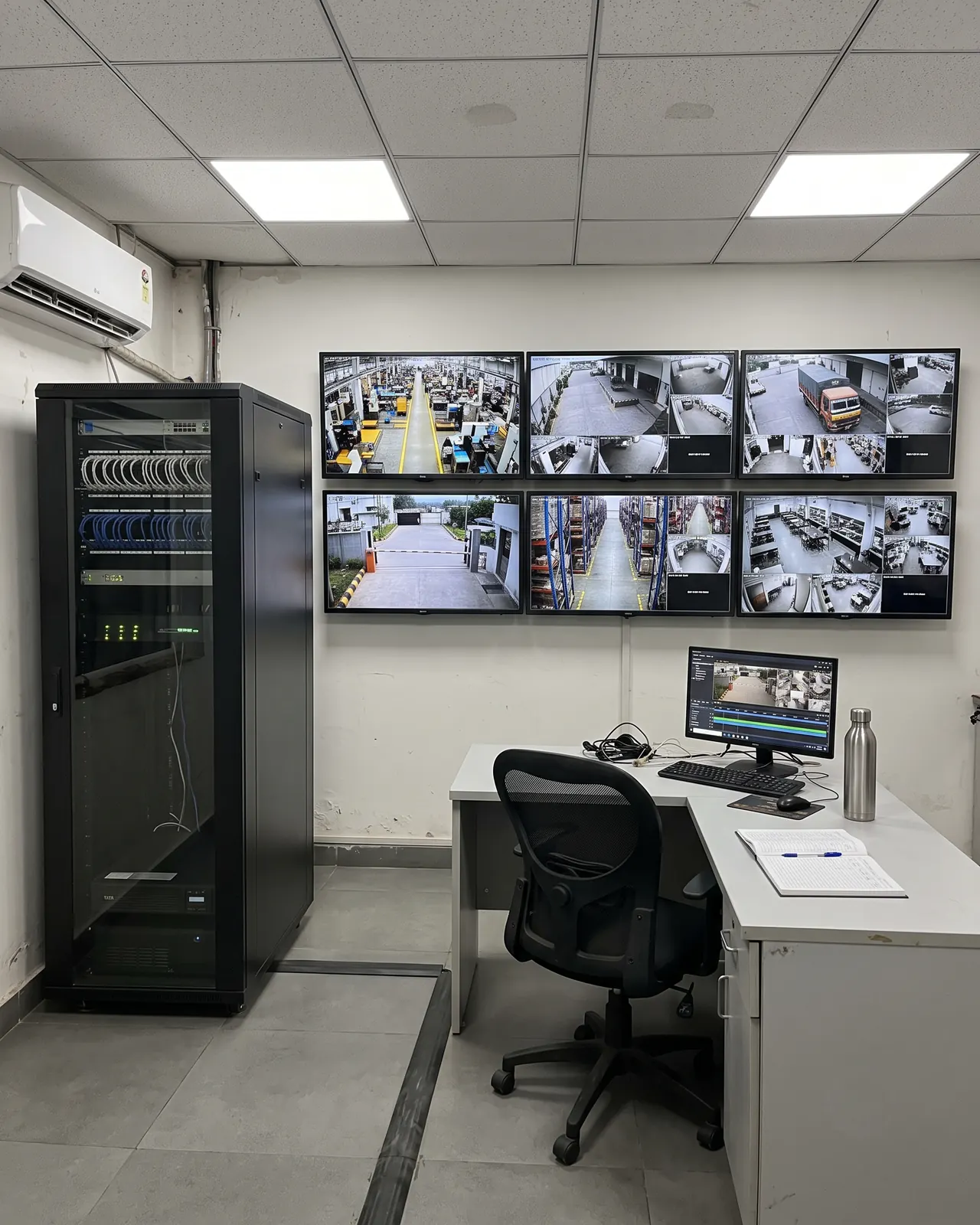 CCTV monitoring room with a six-screen video wall, operator desk and network rack