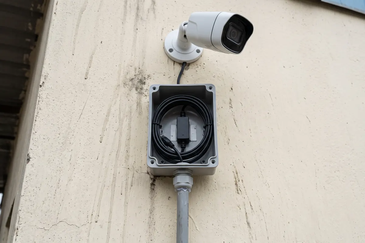 Open IP67 junction box with a coiled cable service loop and PoE splitter below a bullet camera