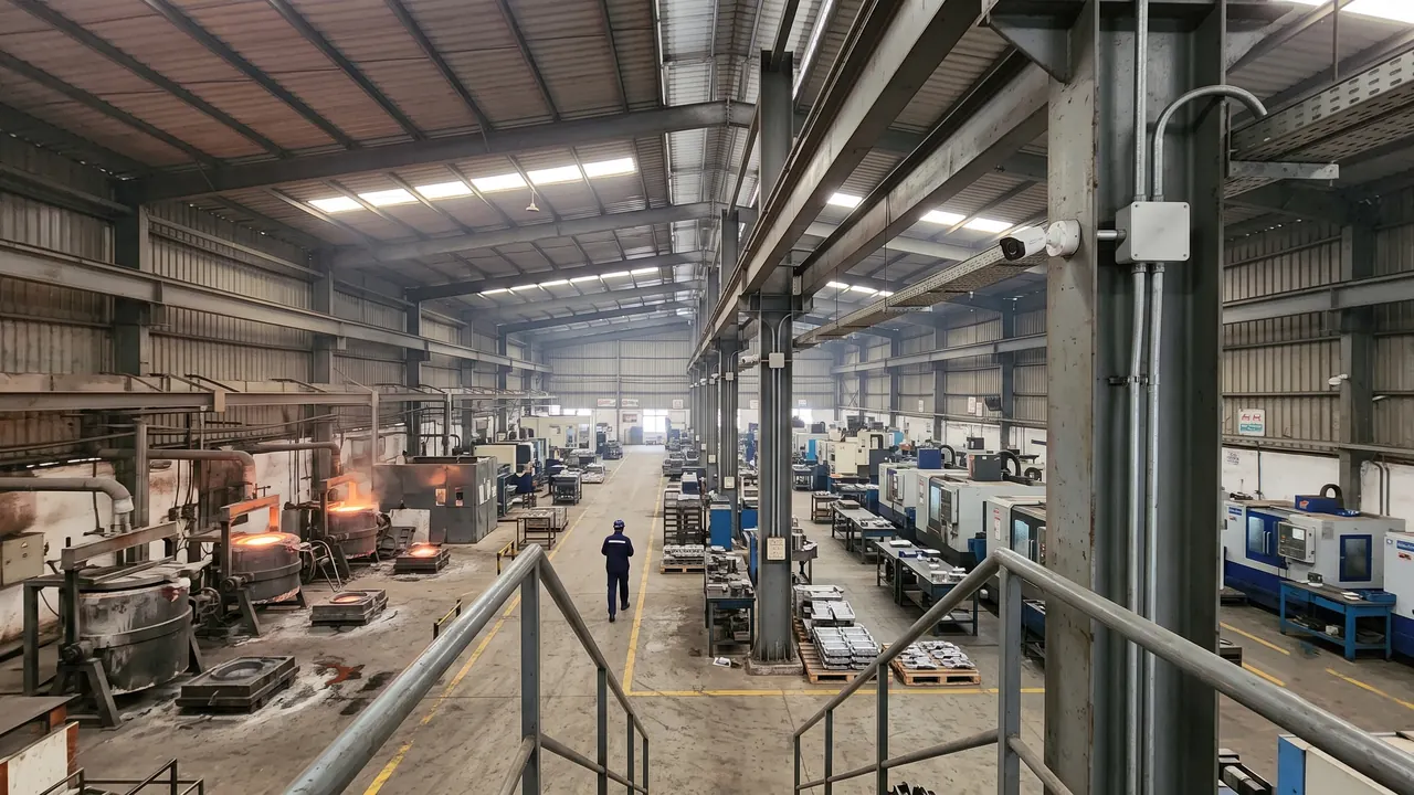 Automotive foundry and machining shed with IP cameras on steel columns fed by GI conduit