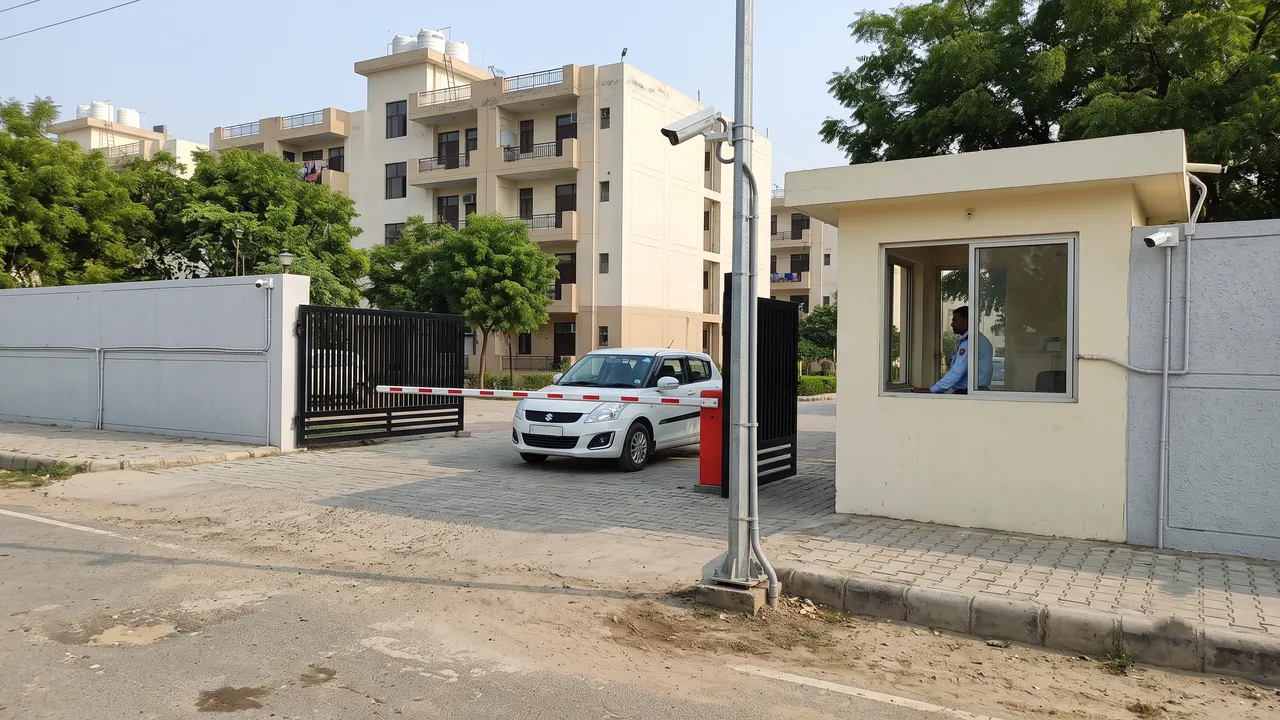 Gated society entrance with boom barrier, security cabin and pole-mounted ANPR camera