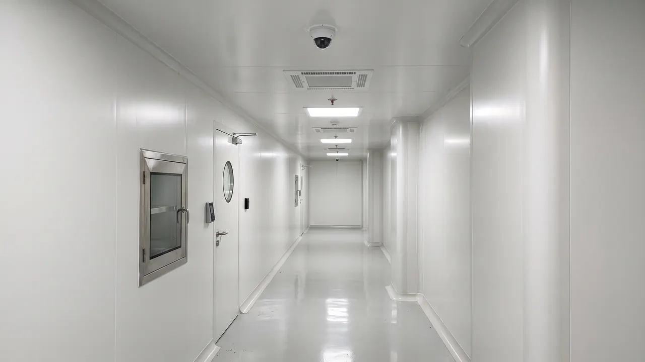Pharmaceutical clean-room corridor with flush-mounted dome cameras sealed into the ceiling panels